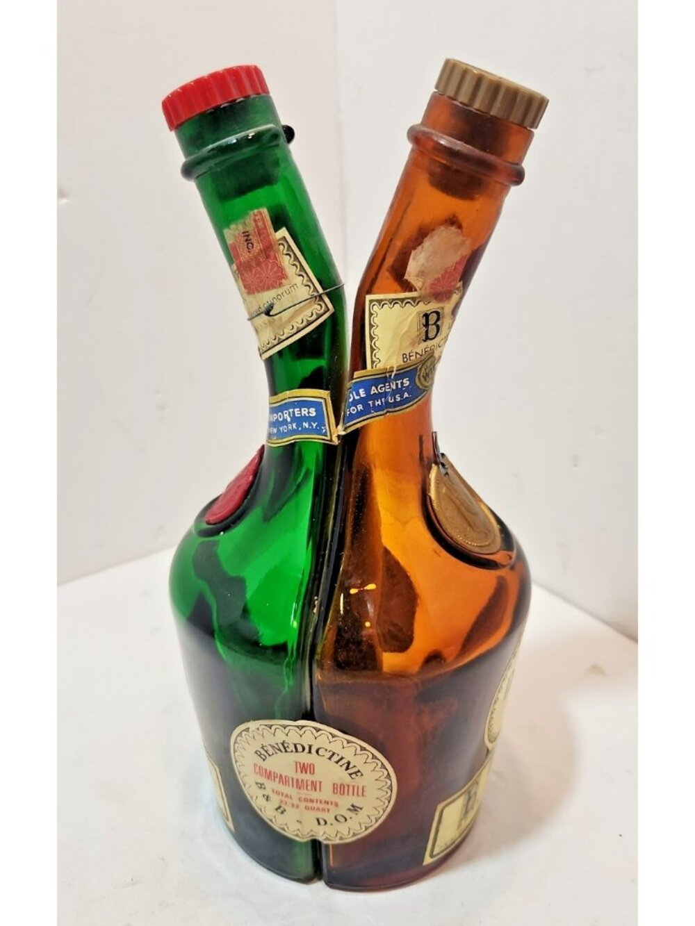Benedictine Two-Compartment Liquor Bottle Green Brown Collectible Empty